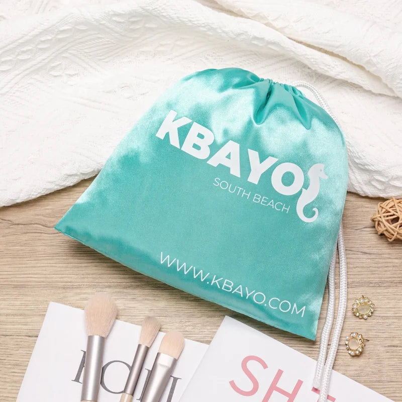 Recyclable Custom Logo Printing Blue Shiny Satin Dust Bag for Soft Drawstring Bag Hair Gift Packing Silk Pouch for Clothing