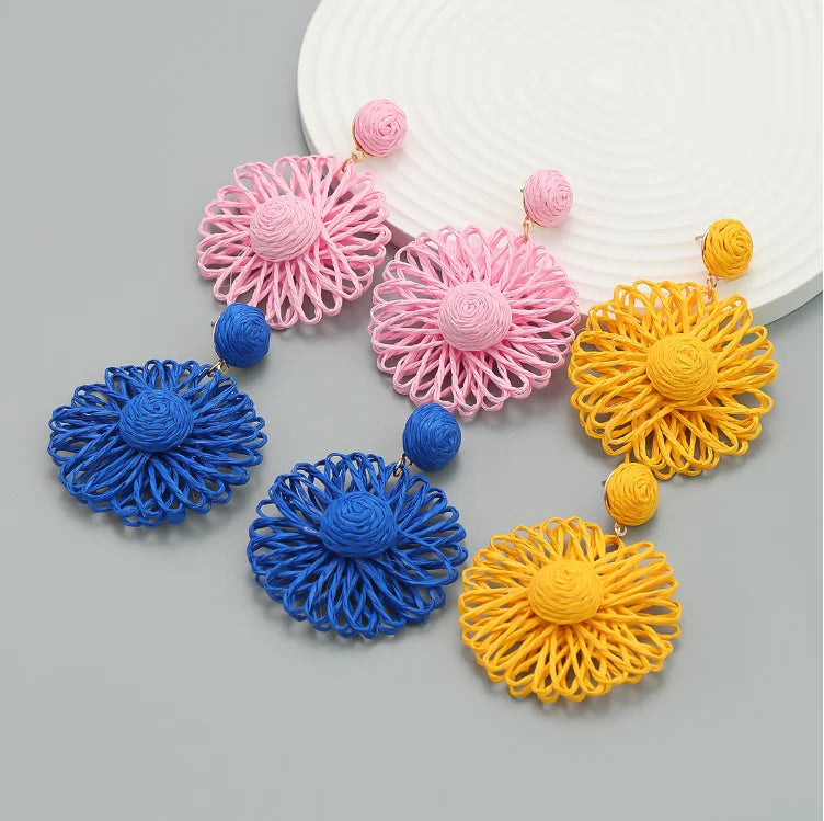New Raffia Woven Flower Earrings for Women Boho Handmade Simple Round Circle Dangle Earrings Jewelry