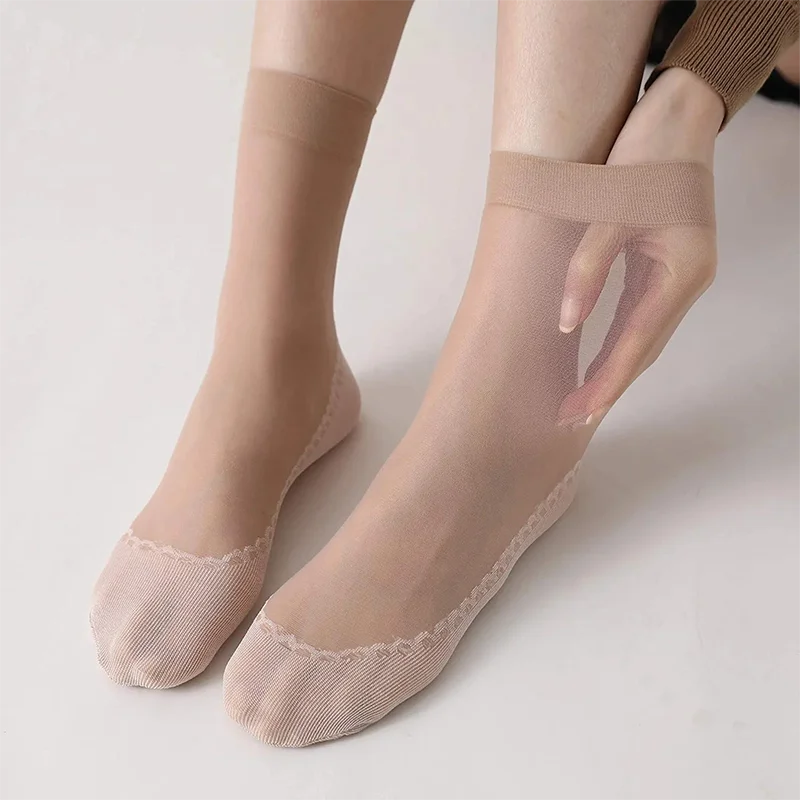 Ultrathin Crystal Mid Breathable Sock High Elastic Soft Casual Cotton Thin Solid Bottom Lace Non Slip Women Silk Socks