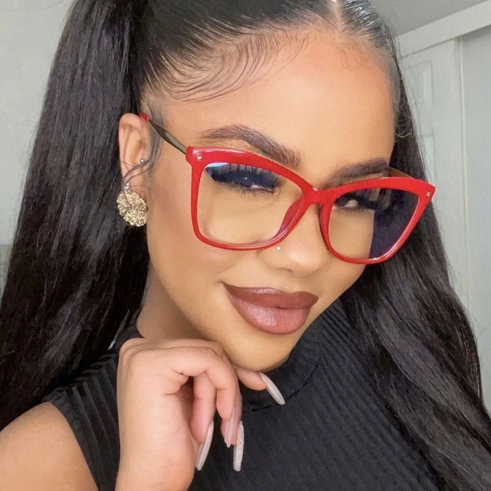 New Trendy Rivets Design Large Cat Eye Frame Eyeglasses Women Men Flat Mirror Blue Light Blocking Glasses Eyewear Shades DF68087