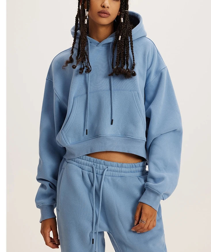 Streetwear Plain Thick Autumn 100% Cotton Front Logo Women Oversized Hoodie Crop Top