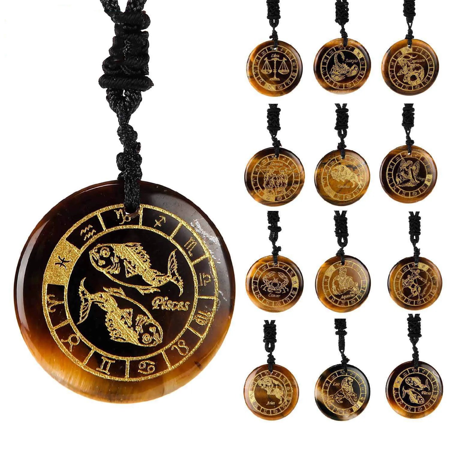 Hot Sale New Style Natural Stone Yellow tiger Eye 12 Constellations Creativity Carved Pendant Necklace Gemstone Jewelry Pendant