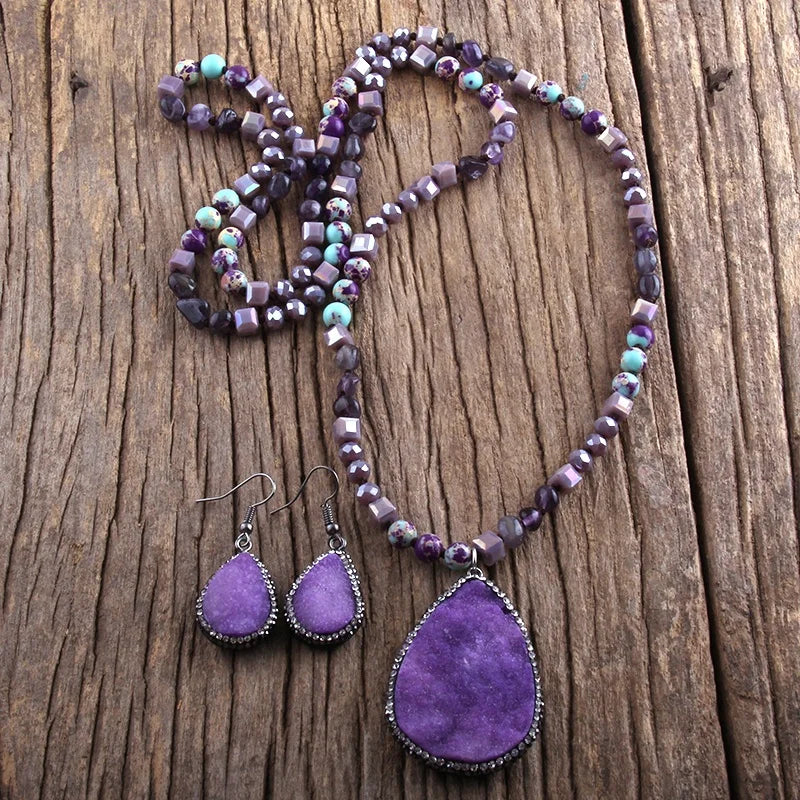 Fashion Boho Jewelry Set for Woman Natural Gemstone  Crystal Glass Imperial Gemstone Druzy Necklace Earring Set