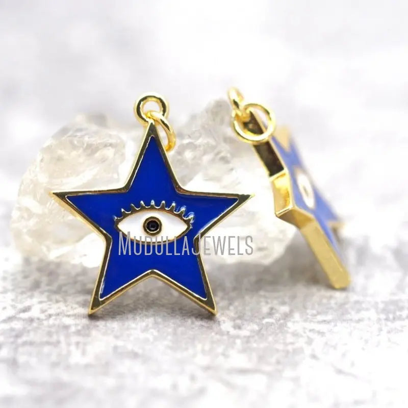 PM29322 Wholesale Charms  Islam Sapphire Blue Enamel Pentagram Evil Eye Gold Plated Pendant