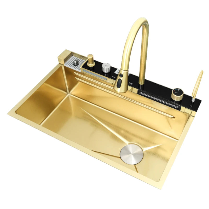 Honeycomb Pattern Golden Whale Piano Digital Display Feiyu Waterfall Triple Bowl Four Holes Counter Installation 304 Kitchen