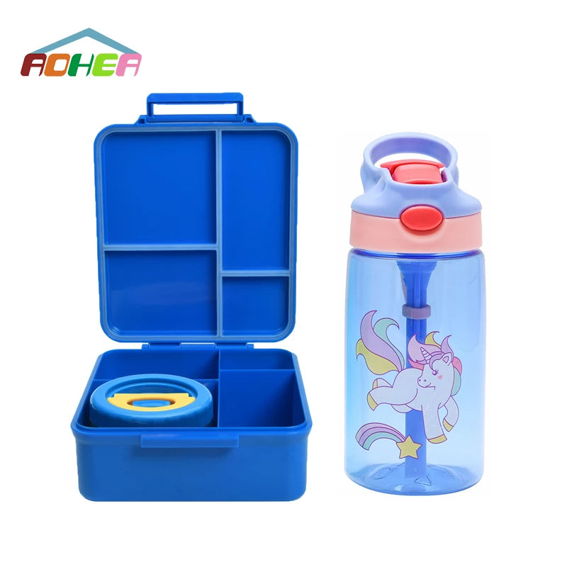Aohea New Product 4 Grid Lunch Box Multi Compartment Lunch Box Girls Lunch Box With Water Bottle Blue in Colour