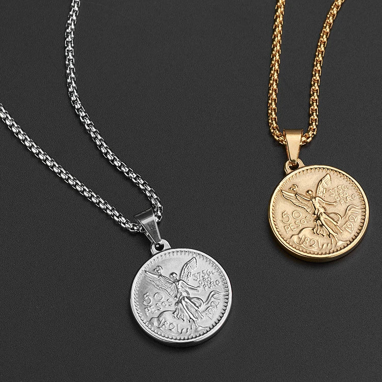 Fashion Stainless Steel 18K Gold Plated Double-sided Relief Commemorate Coin Pendant   Men's and Women's Long Sweater Chain
