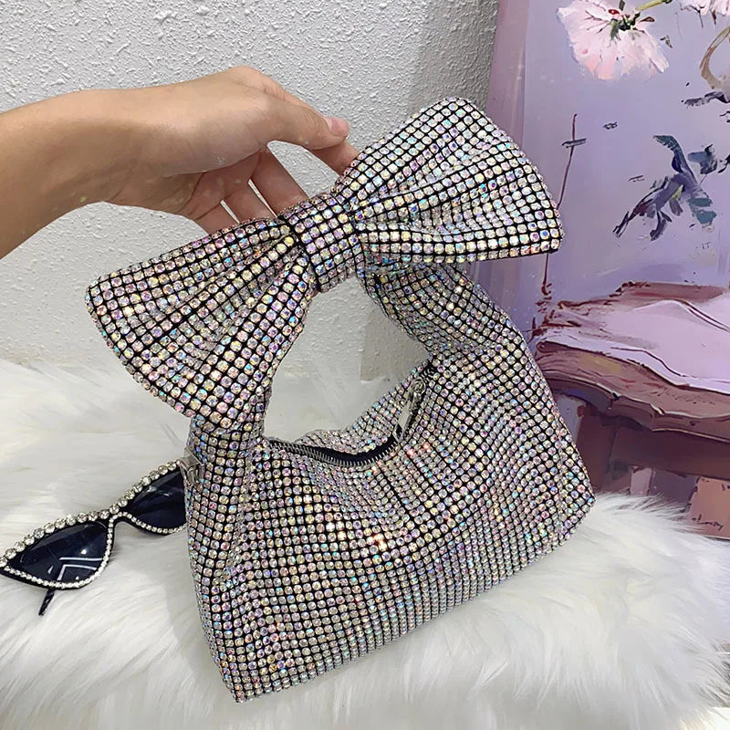 2025 New Fashion Luxury Designer Handbag Purses for Women Shiny Rhinestones Bow Evening Clutch Large Capacity Soft Hobo Tote