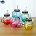 In Stock Wholesale Custom 500ml 18oz Pineapple Print Color Wide Mouth Glass Jar Food Grade Mason Mug Cup With Handles And Lid
