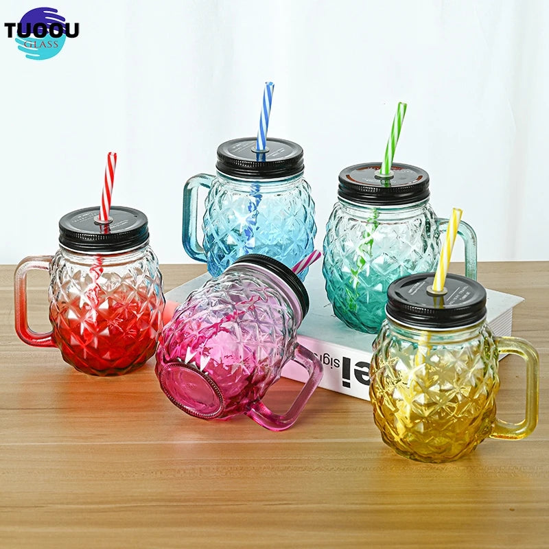 In Stock Wholesale Custom 500ml 18oz Pineapple Print Color Wide Mouth Glass Jar Food Grade Mason Mug Cup With Handles And Lid