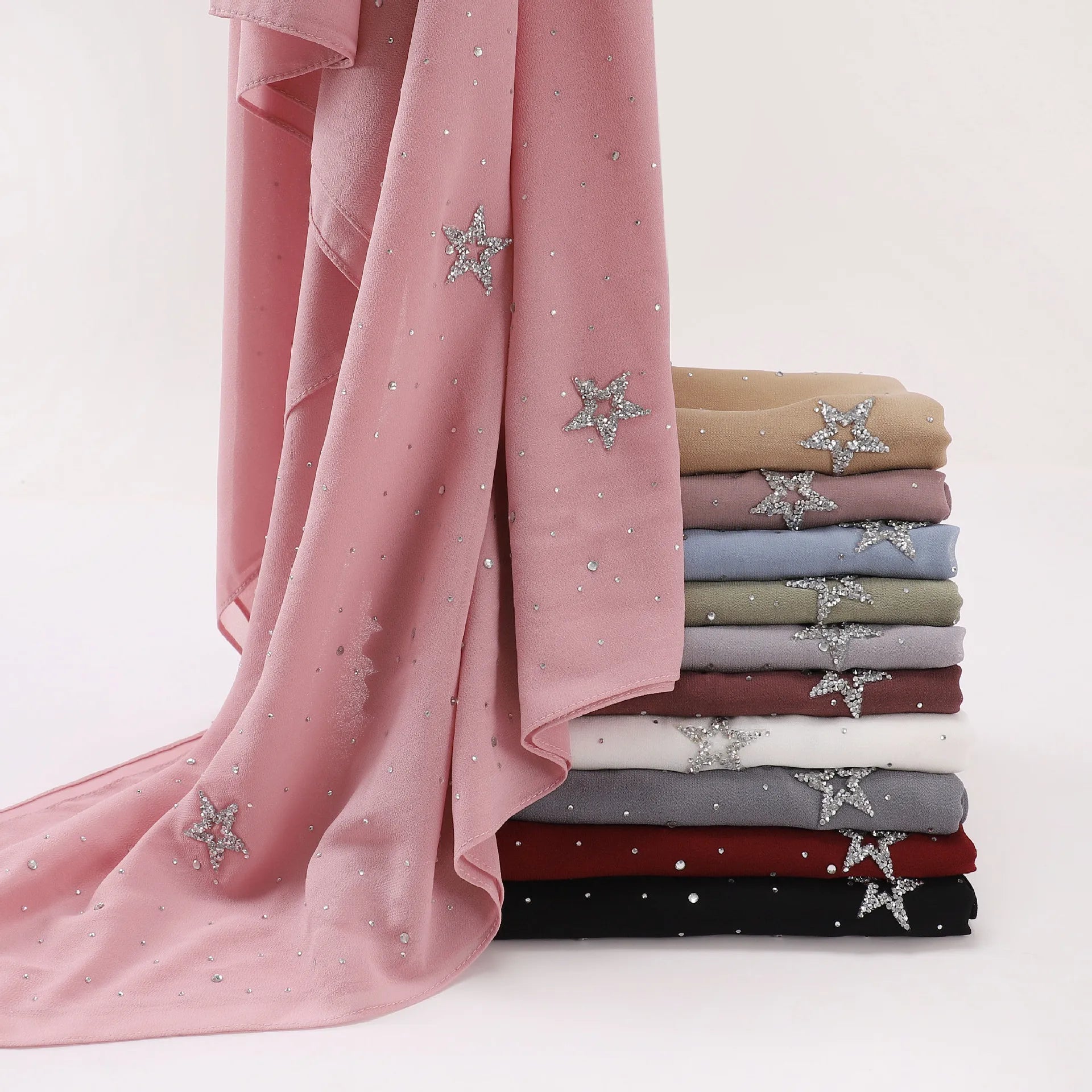 Long Chiffon Gypsophila Five-Pointed Star Rhinestone Scarf Traditional Shawl for Muslim Women in Spring