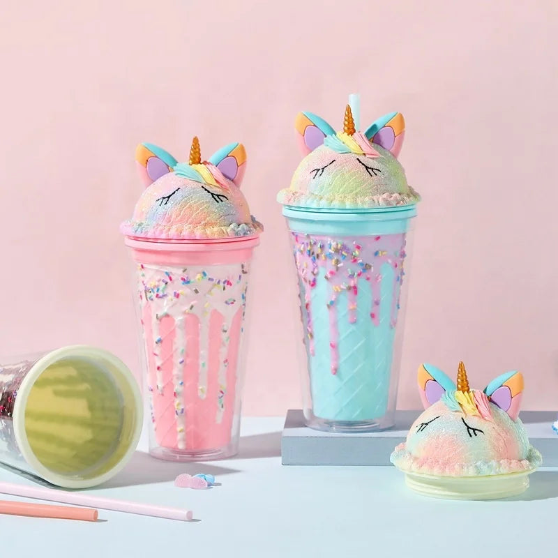 Cute Animal Pattern Custom Own Logo Girls Plastic Water Cup Dual Layer Cups With Lids and Straw