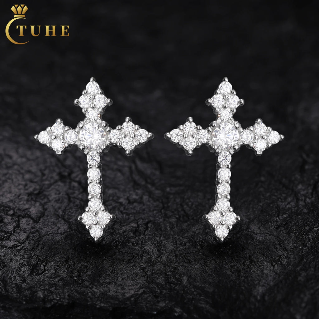 Fashion Unisex Crucifix Jewelry White Gold 925 Sterling Silver VVS Moissanite Diamond Iced Out Cross Stud Earrings for Men Women