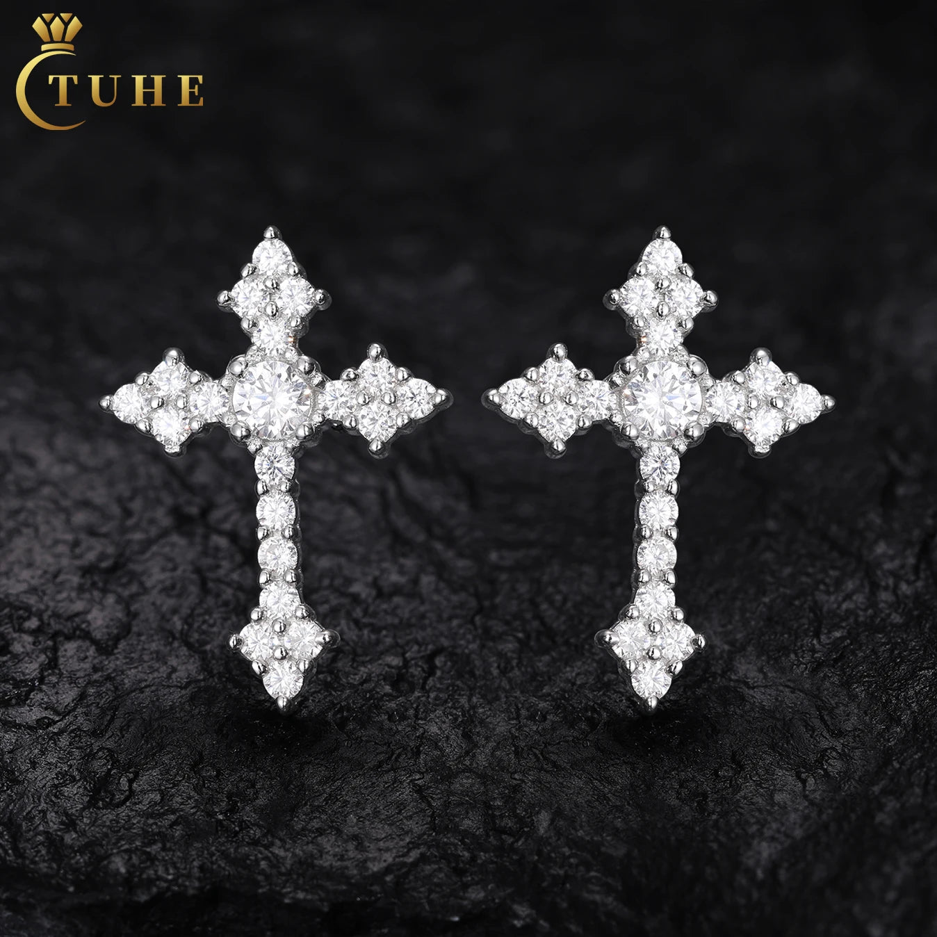 Fashion Unisex Crucifix Jewelry White Gold 925 Sterling Silver VVS Moissanite Diamond Iced Out Cross Stud Earrings for Men Women