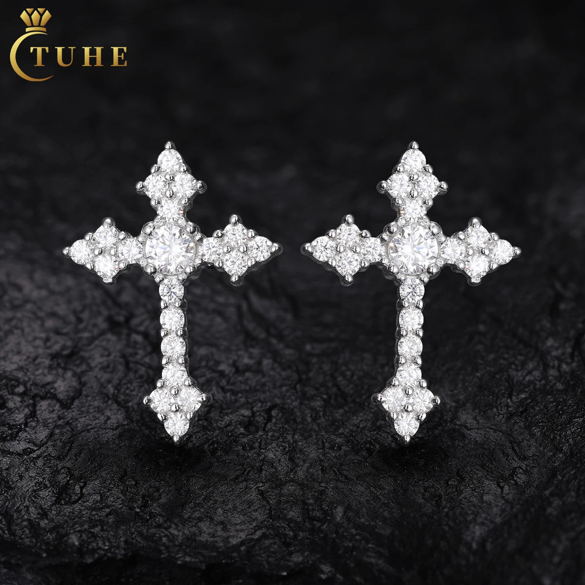 Fashion Unisex Crucifix Jewelry White Gold 925 Sterling Silver VVS Moissanite Diamond Iced Out Cross Stud Earrings for Men Women MegaBDM