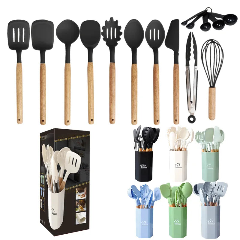 16pcs Silicone Kitchen Cooking Utensils Set with Wood Handle Spatula Set Utensil Set Cooking Utensil Set