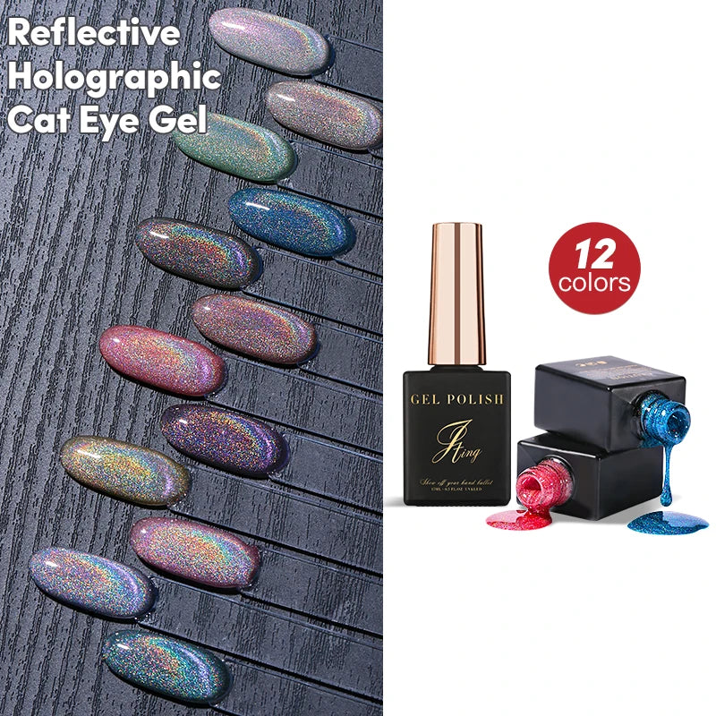 JTING Hot Popular Reflective Holographic Cat Eye Gel Polish 12 Colors Diamonds Night Glitter Graphics Cat Eye Uv Nail Gel OEM
