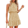 Bohemian Floral Women's Summer Dress Halter Neck Sleeveless Backless Vintage Pleated Waistband Short Skirt for Beach Party
