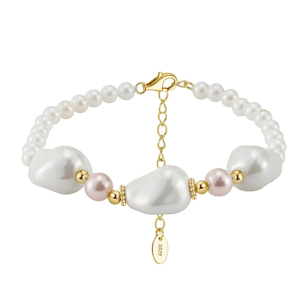 PSB02 High-Quality Accessories Women Girls 10mm Faux Shell Pearl Beaded Lucky 925 Sterling Silver Bangles Bracelet