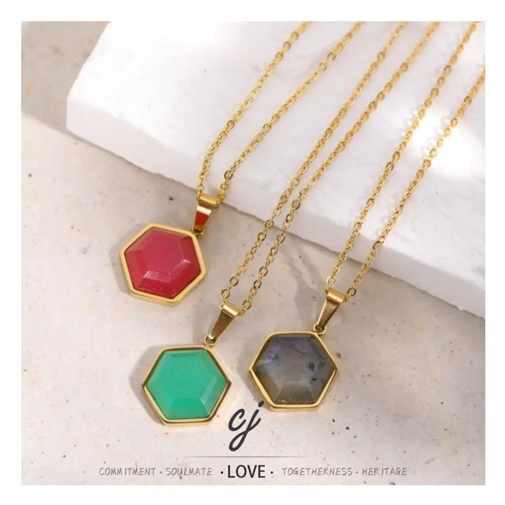 Carline Women's Trendy 18K Gold Plated Stainless Steel Necklace with Natural Stone Geometric Link Chain-Wholesale