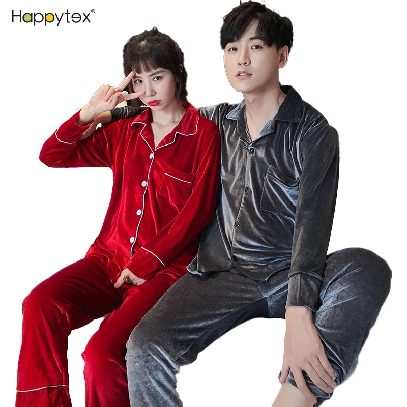 OEM Custom Winter Solid Tops With Pants Home Wear Long Sleeve PJ Set Velvet Women's  Sleepwear Men Couple Pajama Set