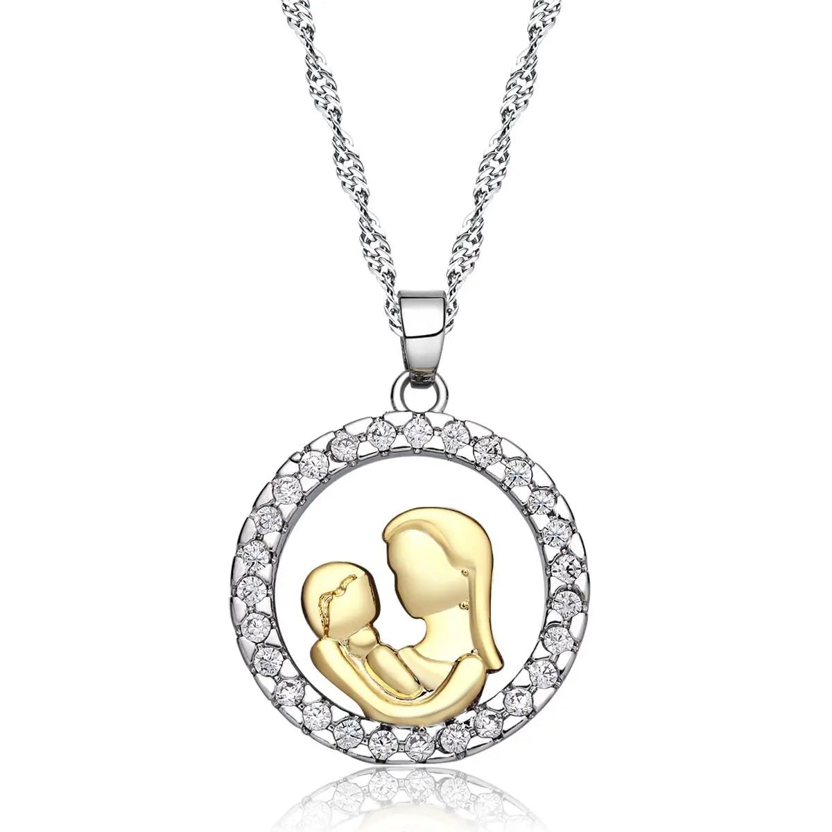Mother 's Day Mother Zircon Round Charm Pendant Necklace Mama and Child Theme Jewelry