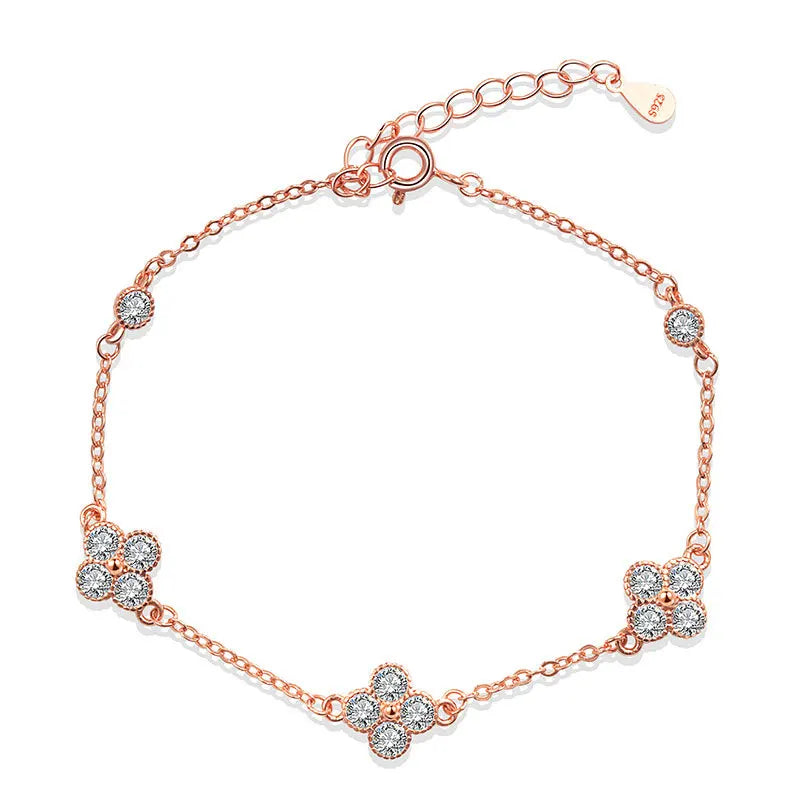 Daidan Dainty Rose Gold Cubic Zirconia Gold Plated Clover Adjustable Silver 925 Four Leaf Clover Bracelet