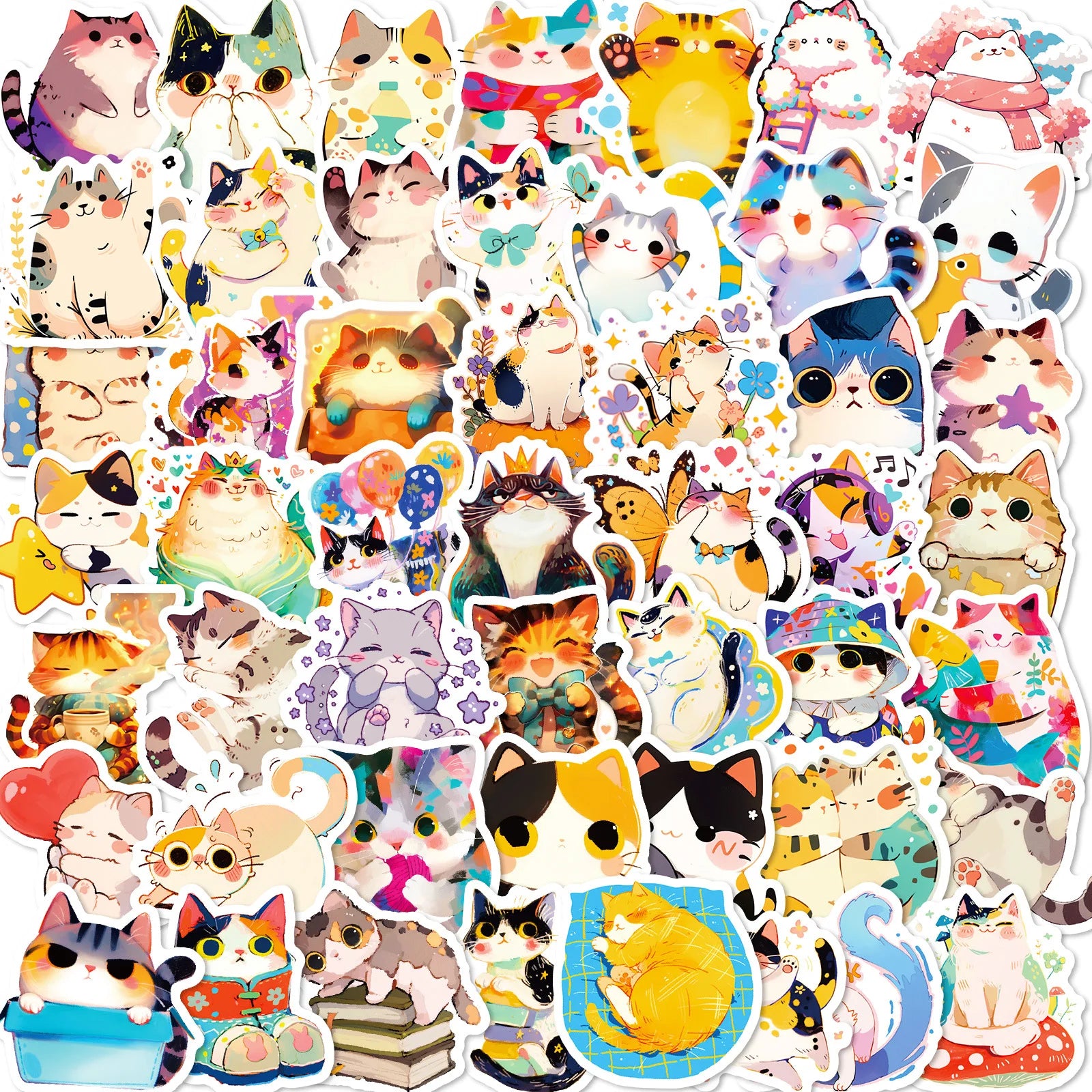 50 Pcs Cute Little Animals Cat Graffiti PVC Self Adhesive Stickers for Guitar Table Cupboard Handbag Water Bottle and Book