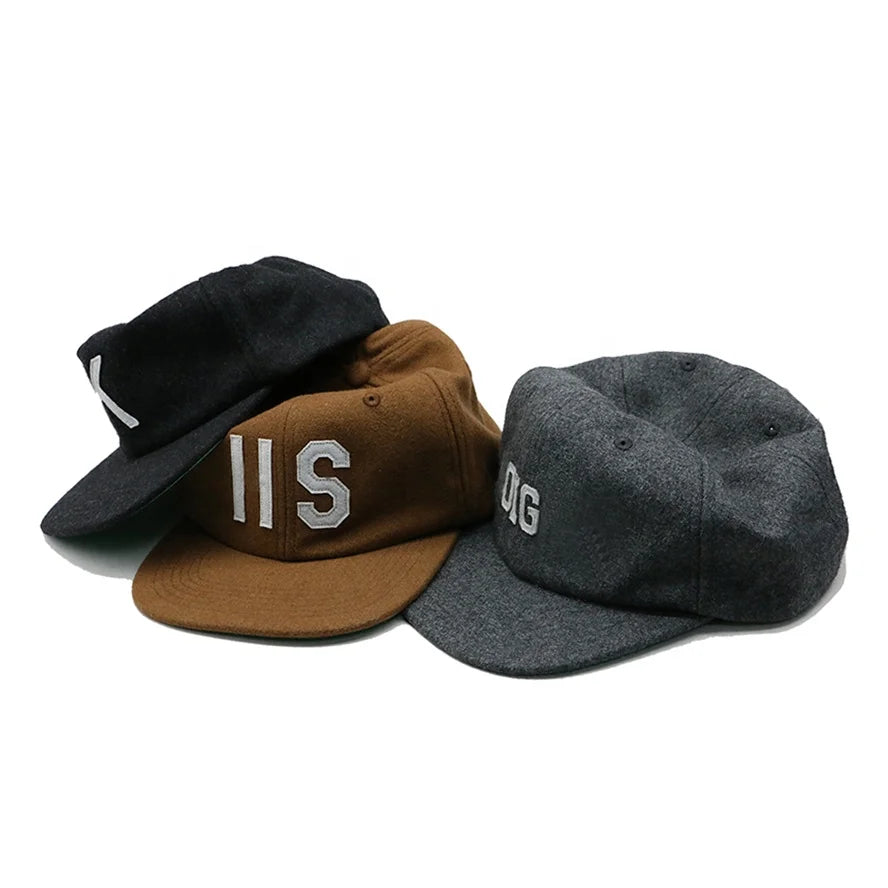 Custom Design 6 Panel Flat Brim Caps Wool Blended Snapback Hats Unstructured Wool Dad Hats