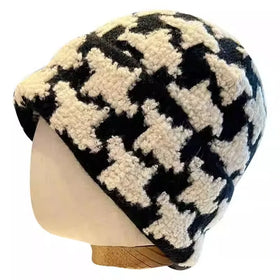 New Winter Houndstooth Pattern Beanie Hat Warm Thickened Star Plush Knitted Hats for Women