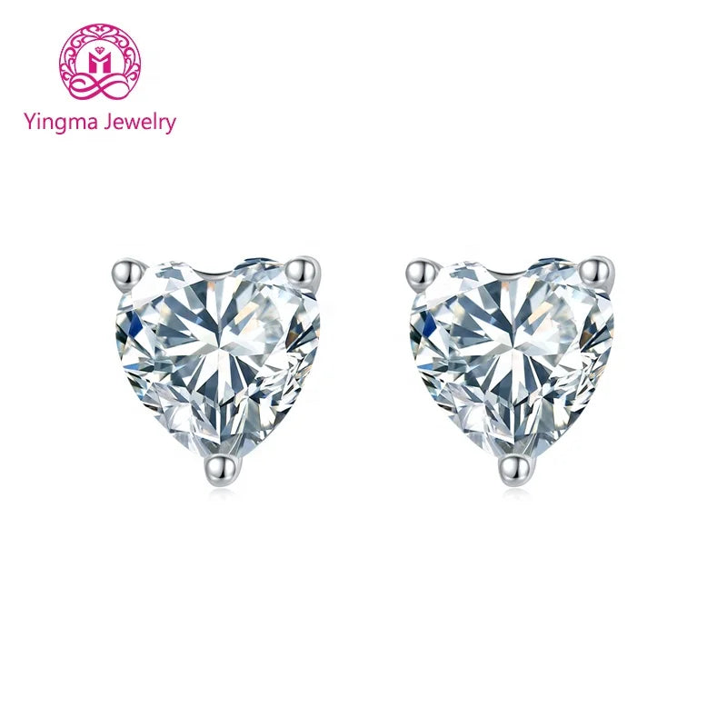 Factory Direct 925 Silver Heart Cut Moissanite Earrings 0.5/1 Carat Gold Plated VVS Certificate for Gift