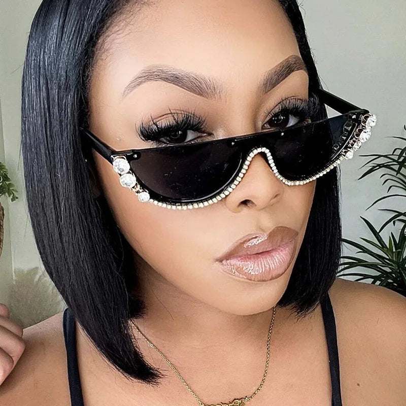 DL Unisex Designer Half Frame Semi-Rimless UV400 Sunglasses with Rhinestones White PC Frame