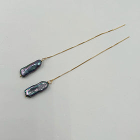 Nature Box Chain Thread Earrings Black Baroque Freshwater Pearl Drop 14K Gold Filled Wedding Gift 8 mm Pearl 8 mm Width