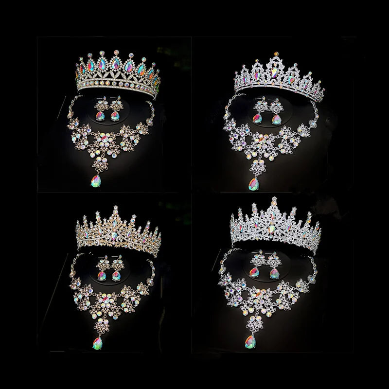 LUOXIN Crystal Tiaras Necklace Earring Set Rhinestone Bridal Crown Necklace Jewelry Sets for Bride