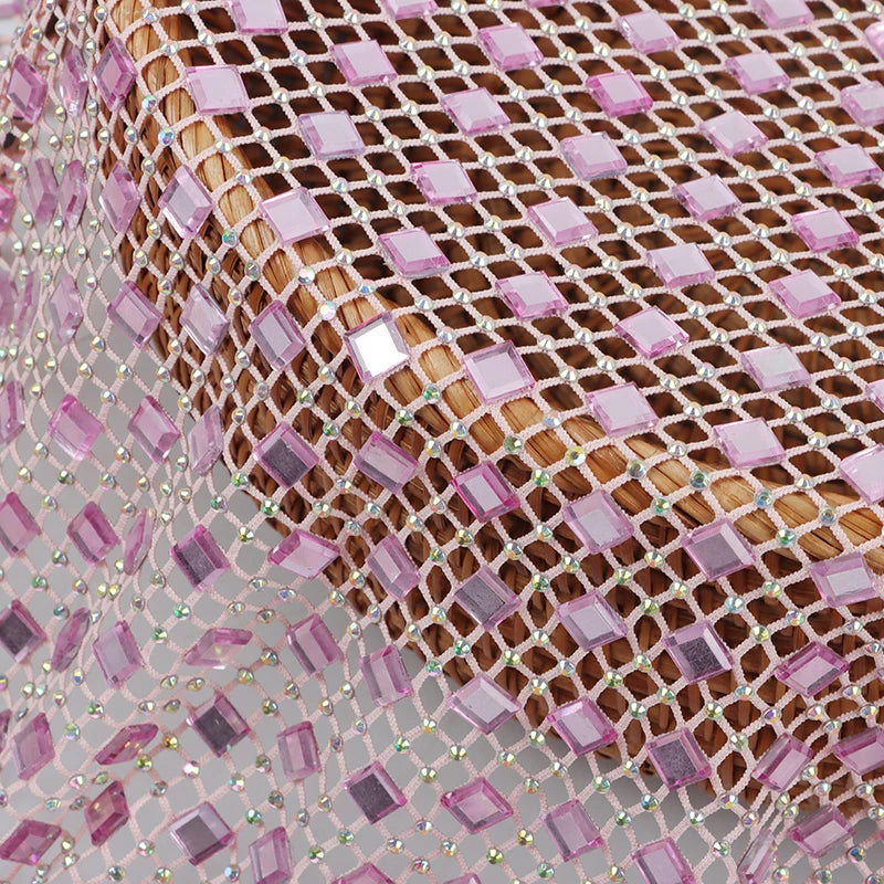 Custom Designed 3D Glass Square Drill Lace Crystal Embroidered Fabric Elegant Bridal Mesh Rhinestones for Weddings Low MOQ