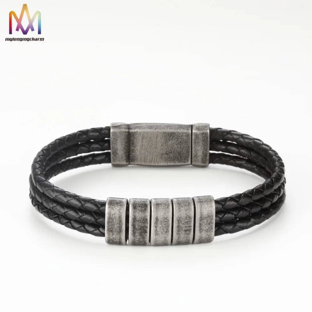 Men Personalized Engraved Logo Name Blank Bar Metal Leather Bracelet Custom Retro Vintage Bracelets Wholesale Jewelry