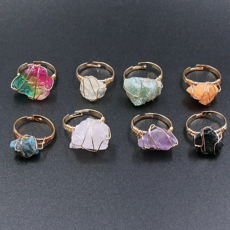 Handmade Irregular Raw Quartz Crystal Amethyst Rings Diy Winding Agate Labradorite Strawberry Crystal Rings