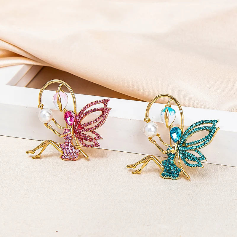 Fashion Pearl Butterfly Brooches Jewelry and Enamel Pins Brooch Pins Girls Crystal Rhinestone Genie Angel Brooch