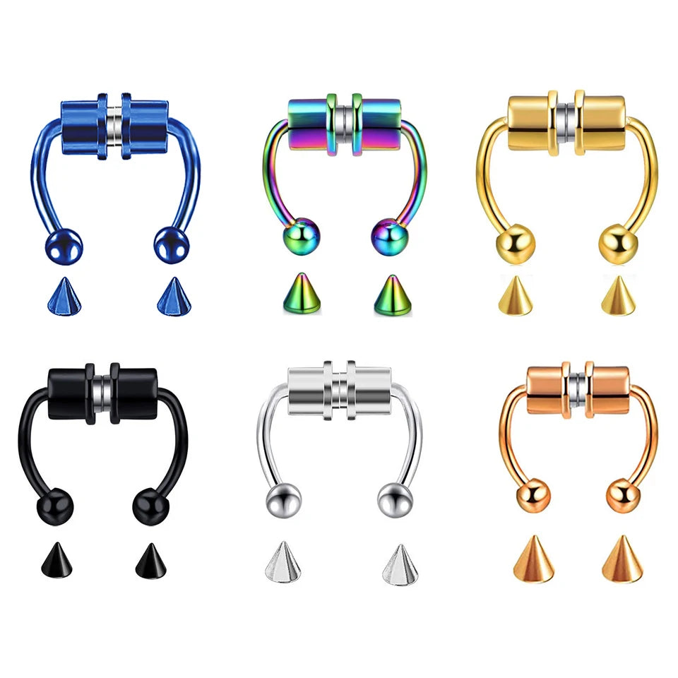 Fake Nostril Piercing Jewelry Faux Septum Horseshoe Hoop Nose Ring Non Piercing Stainless Steel Gold Magnetic Nose Ring Set
