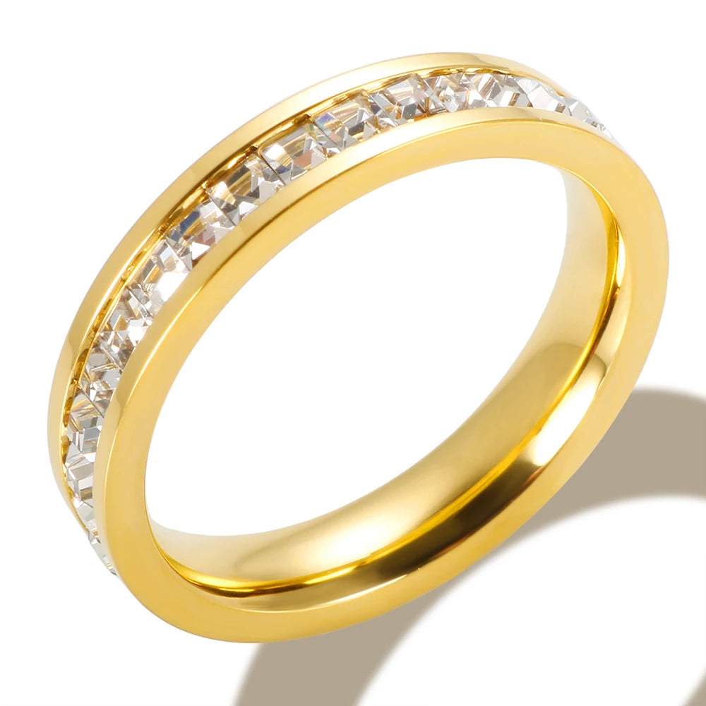 Wholesale Trendy Stainless Steel 18K Gold Plated Zircon Wedding Engagement Ring for Women Waterproof Jewelry