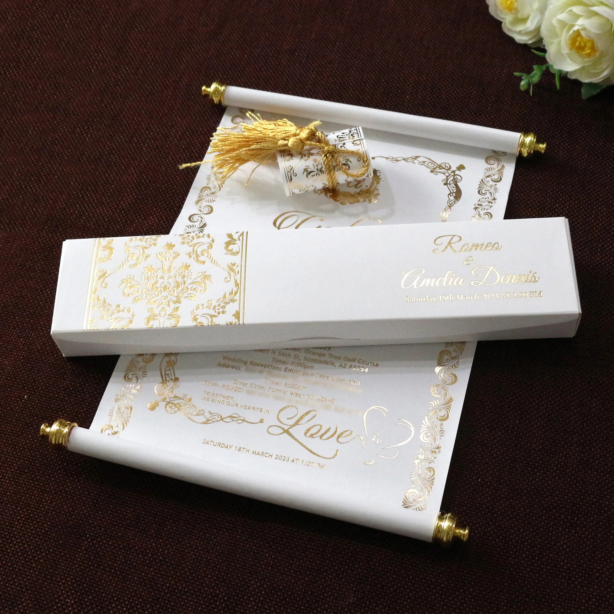 Hot Sale Scroll Wedding Invitation Royal Elegant Ivory Scroll Invitation with Carton and Ribbon