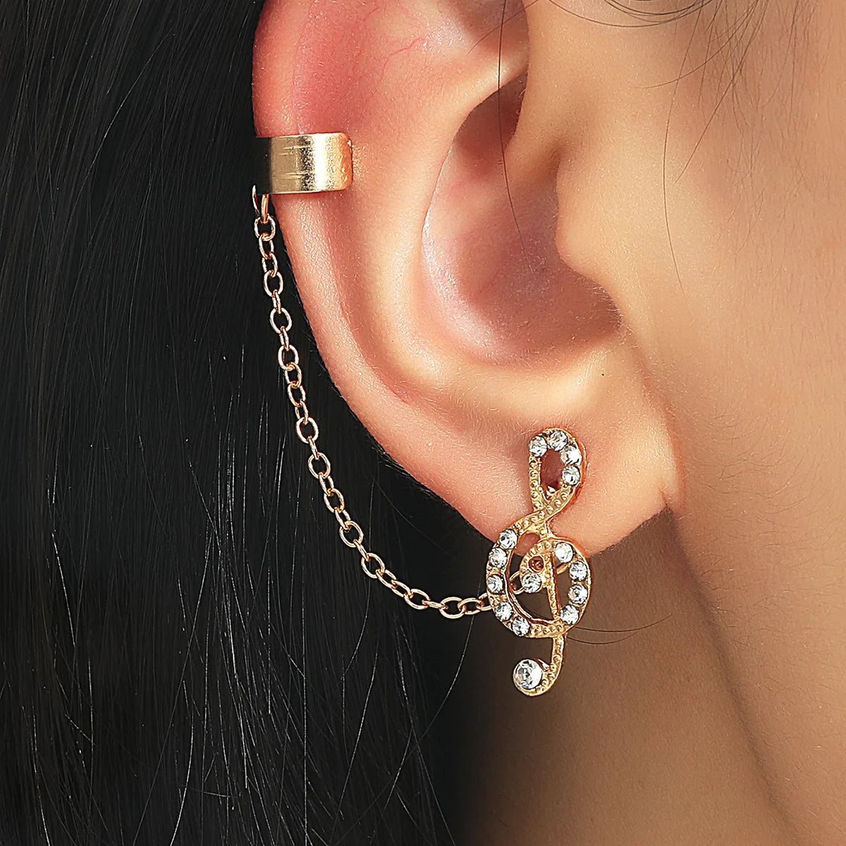 Musical Note Rhinestone Long Chain Stud Earrings For Women Shine Geometric Tassel Ear Clips Piercing Earring Jewelry