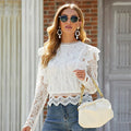 Autumn High Quality Long Sleeve Hollow Out Blouse Womans Back Zipper White Cotton Lace Shirt Top