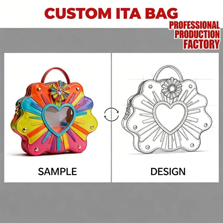 Novelty Custom Ita Bag Rainbow Flower Sun Shaped Bulldog Kawaii Cosplay Anime Handbag with Clear Window Pins Badges Display Bag