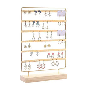 5 6- Tier Large Capacity Wood Base Gold Metal Jewelry Earrings Display Stand Prop