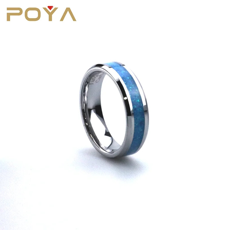 Poya 6mm Unique Wedding Beveled Single Channel Opal Inlay Tungsten Ring