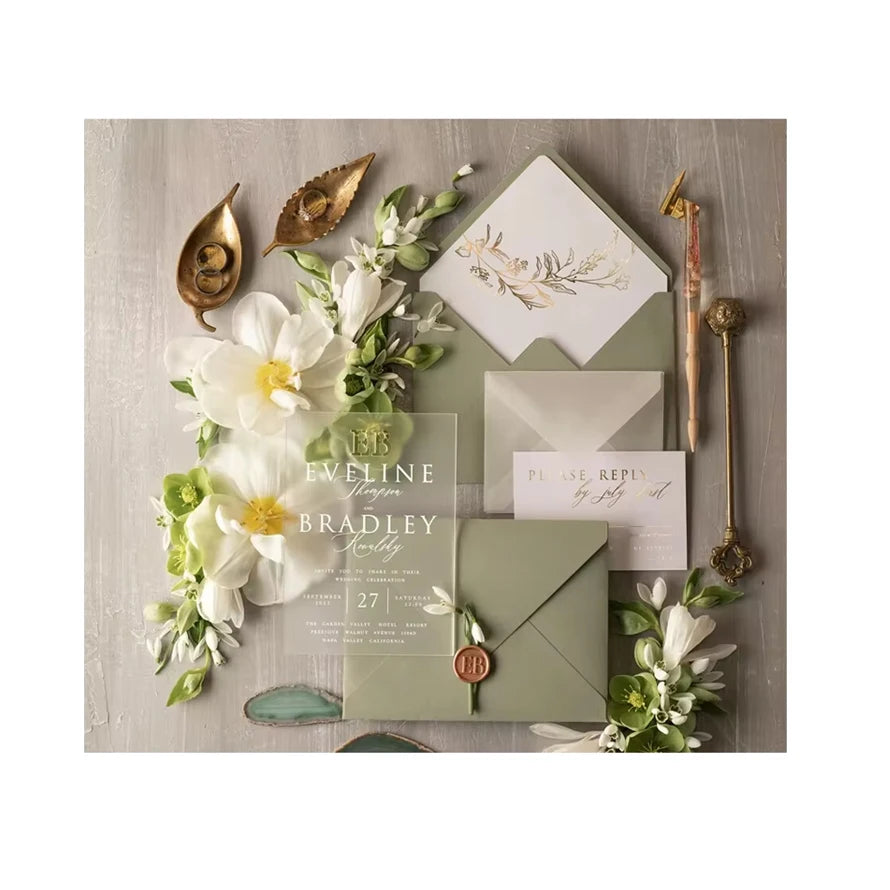 Personalized Custom Sage Green Luxury Frozen Glamour Gold Birthday Gift Acrylic Wedding Invitation Cards Suite