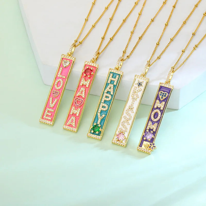 New MOM Fashion Necklace Jewelry MAMA Colorful  Zircon KISS Pendant HAPPY Letter bar Necklace
