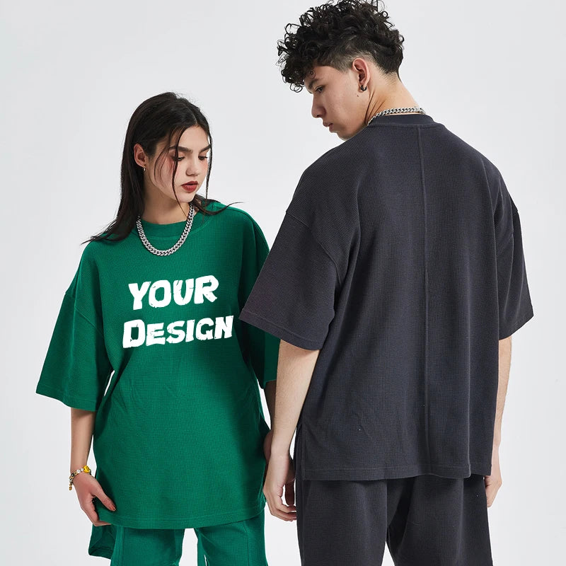 Customised Men's Cotton Waffle Stick Printed T Shirts Waffle Fabric T Shirts Wholesale Oversized Knit T Shirts for Men