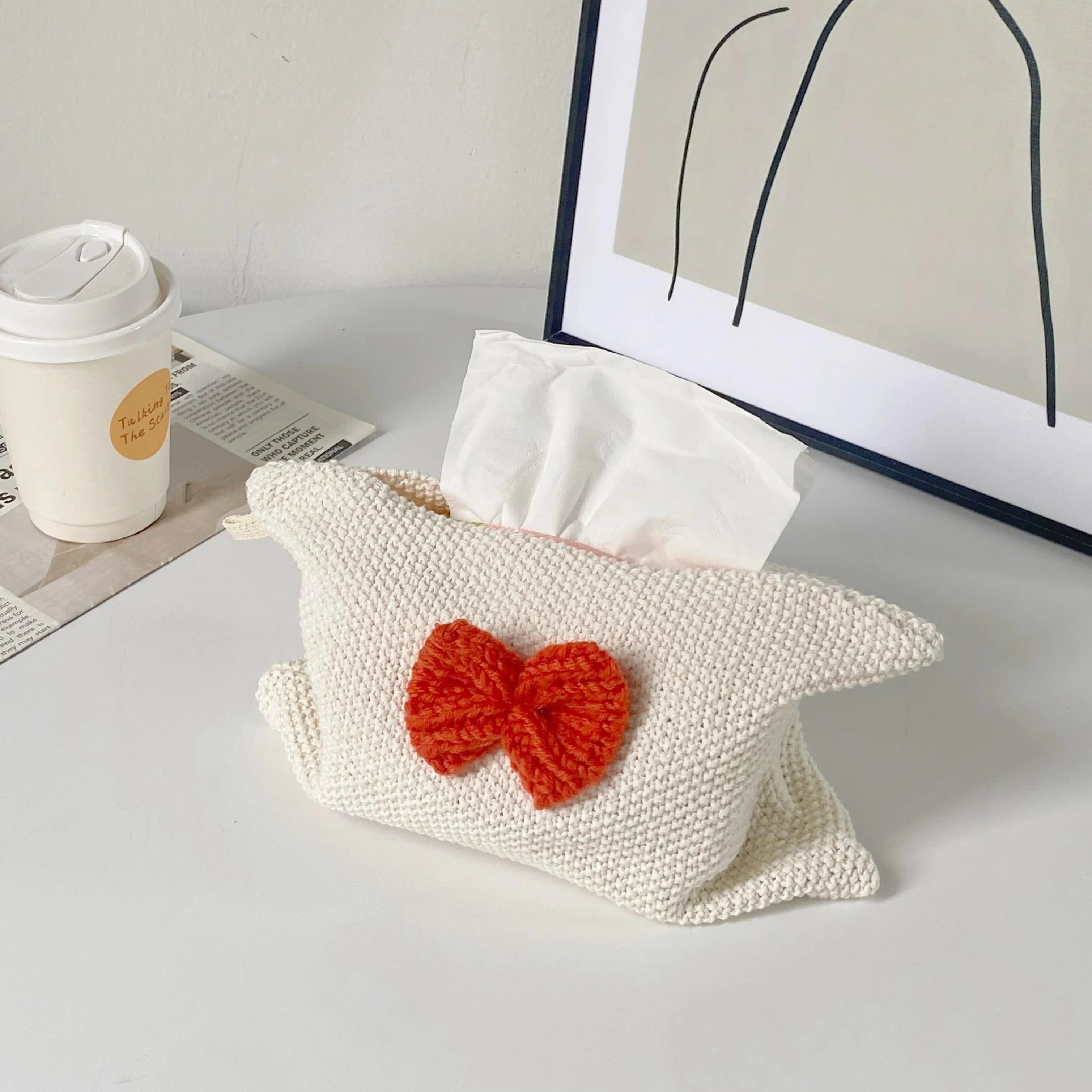 Modern New Design Green Polyester Rectangle American Style Household Napkin Organizer Holder Knitted Bows Tissue Paper Box Cover